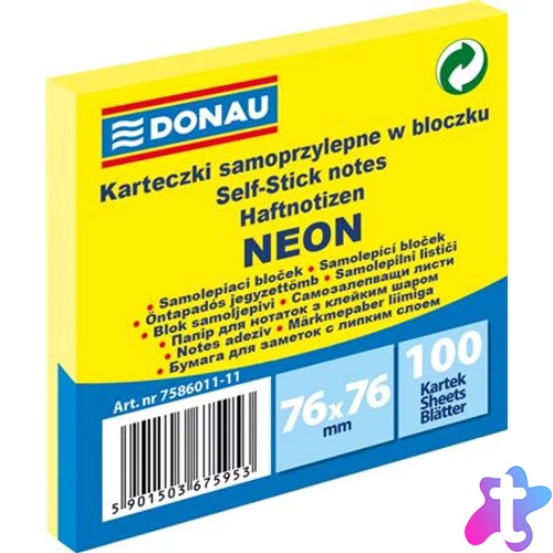 Öntapadó jegyzettömb, 76x76 mm, 100 lap, DONAU, neon sárga