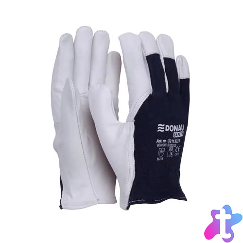 Védőkesztyű, kecskebőr, DONAU "Safety", 9/L méret, fehér-tengerészkék