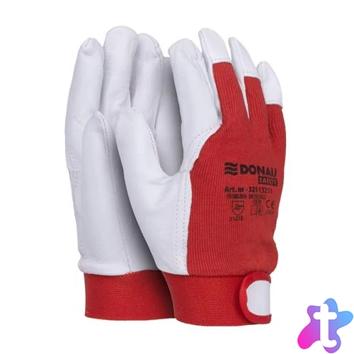 Védőkesztyű, kecskebőr, DONAU "Safety", 8/M méret, fehér-piros