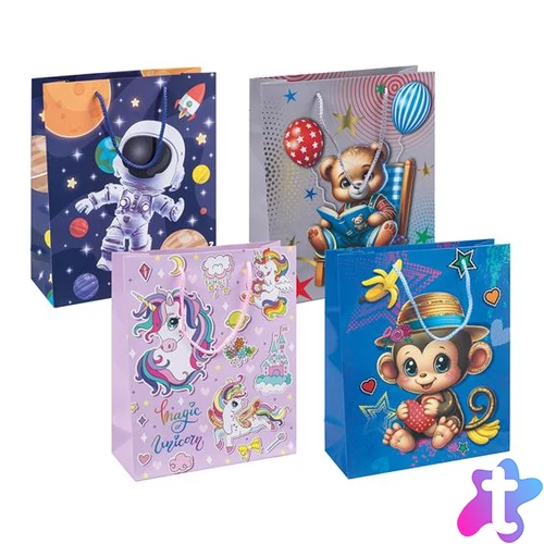 Ajándéktáska, zsinórfüles, 25x30x10 cm, DONAU "Home", vegyes gyermek minta