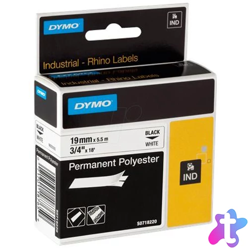 Feliratozógép szalag, tartós poliészter, 19 mm x 5,5 m, DYMO "Rhino", fehér-fekete