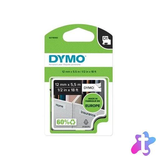 Feliratozógép szalag, tartós poliészter 12 mm x 5,5 m, DYMO "D1", fehér-fekete