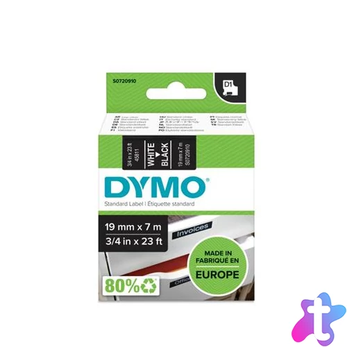 Feliratozógép szalag, 19 mm x 7m DYMO "D1", fekete-fehér