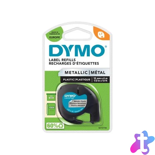 Feliratozógép szalag, műanyag, 12 mm x 4 m, DYMO "Letratag", ezüst