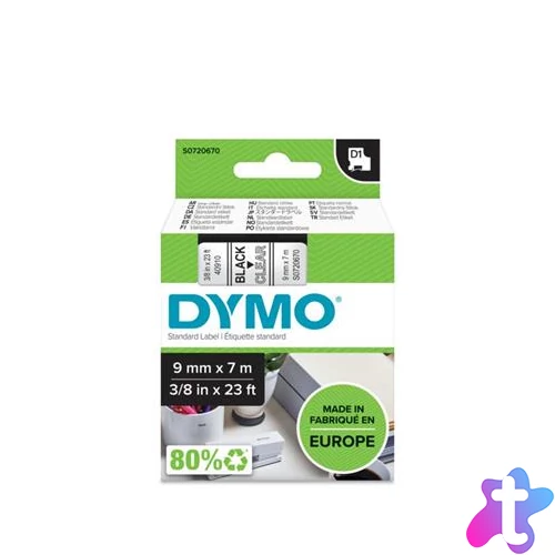 Feliratozógép szalag, 9 mm x 7 m, DYMO "D1", víztiszta-fekete