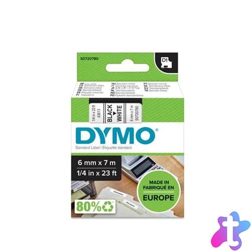 Feliratozógép szalag, 6 mm x 7 m, DYMO "D1", fehér-fekete
