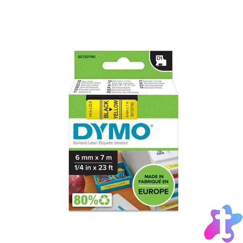 Feliratozógép szalag, 6 mm x 7 m, DYMO "D1", sárga-fekete