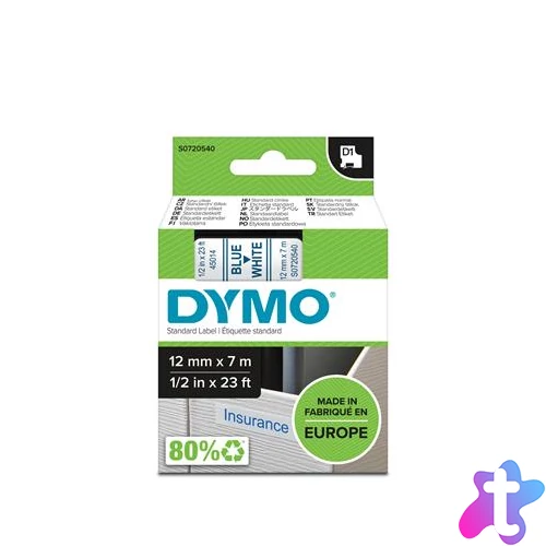 Feliratozógép szalag, 12 mm x 7 m, DYMO "D1", fehér-kék