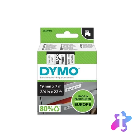 Feliratozógép szalag, 19 mm x 7 m, DYMO "D1", fehér-fekete