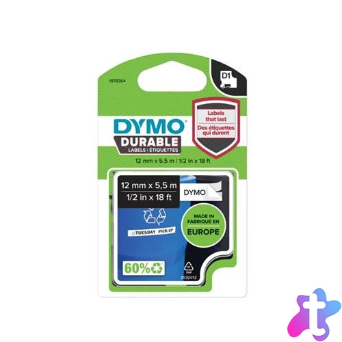 Feliratozógép szalag, 12 mm x 5,5 m, tartós, DYMO "D1", fehér-fekete
