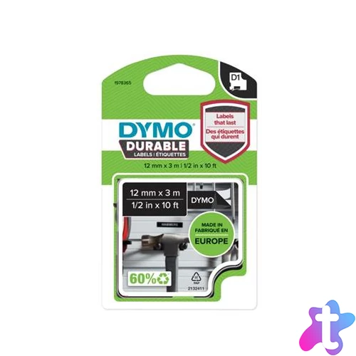 Feliratozógép szalag, 12 mm x 3 m, tartós, DYMO "D1", fekete-fehér