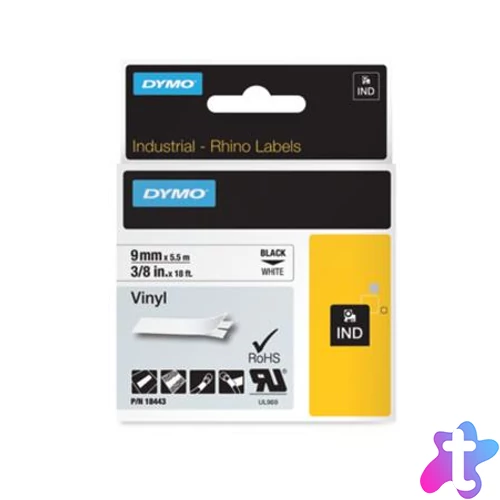Feliratozógép szalag, vinil, 9 mm x 5,5 m, DYMO "Rhino", fehér-fekete