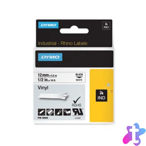 Feliratozógép szalag, vinil, 12 mm x 5,5 m, DYMO "Rhino", fehér-fekete