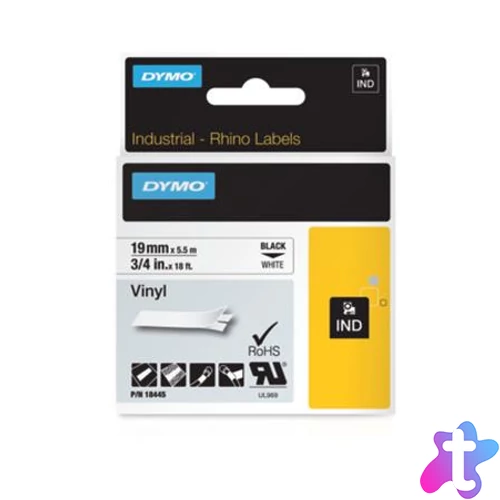 Feliratozógép szalag, vinil, 19 mm x 5,5 m, DYMO "Rhino", fehér-fekete