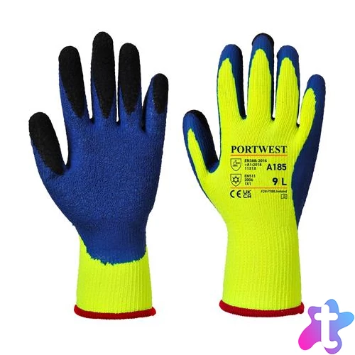 Védőkesztyű, latex, M méret "Duo-Therm", sárga-kék