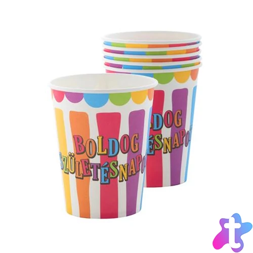 Pohár, papír, 2,5 dl, "Boldog születésnapot", csíkos-pöttyös