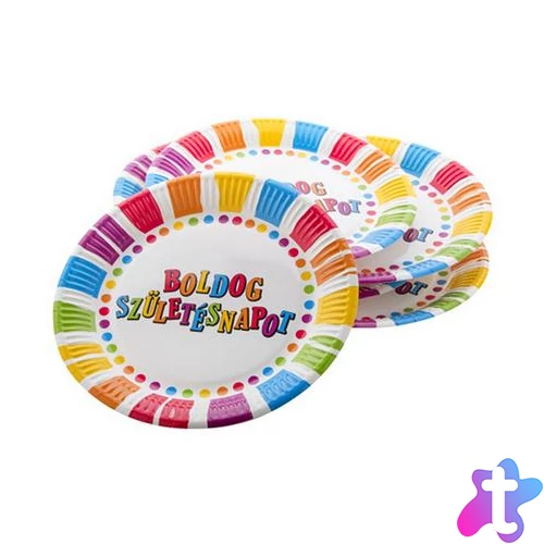 Tányér, papír, 23 cm, "Boldog születésnapot", csíkos-pöttyös