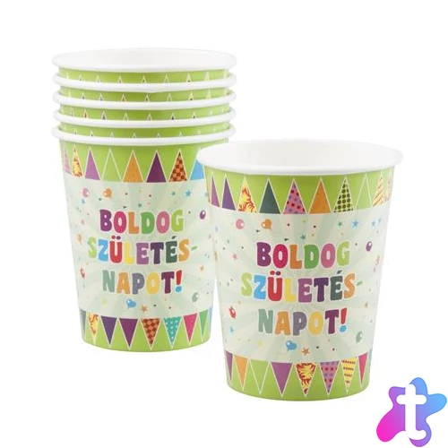 Pohár, papír, 2,5 dl, "Boldog születésnapot", zászlós