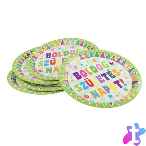 Tányér, papír, 23 cm, "Boldog születésnapot", zászlós