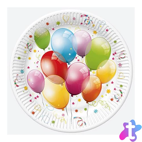 Tányér, papír, 23 cm, léggömb minta
