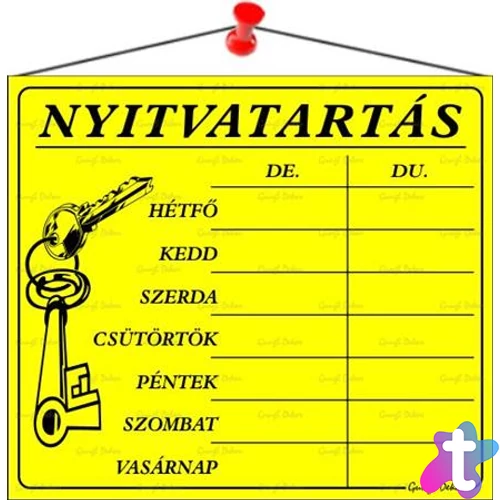 Információs tábla, 20x17,5 cm, "Nyitvatartás", sárga