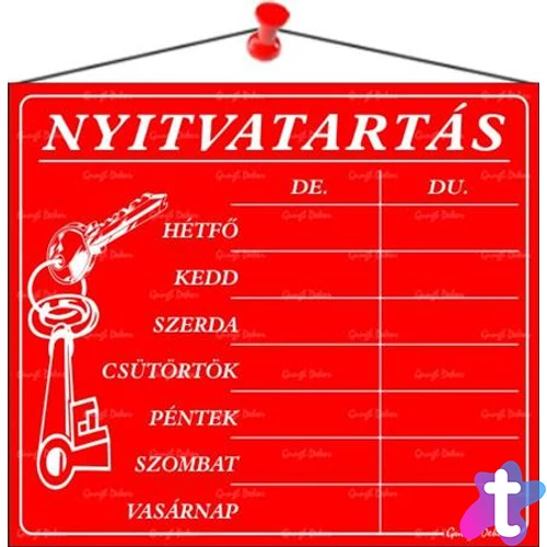 Információs tábla, 20x17,5 cm, "Nyitvatartás", piros
