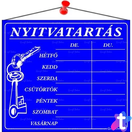 Információs tábla, 20x17,5 cm, "Nyitvatartás", kék
