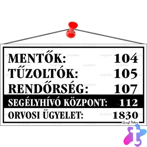 Információs tábla, 22,5x12,5 cm, "Mentők tűzoltók, rendőrség telefonszámok", fehér
