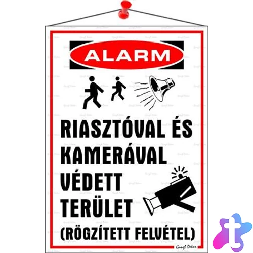 Információs tábla, 35x25 cm, "Riasztóval és kamerával védett terület"