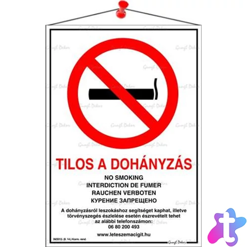 Információs tábla, 21x30 cm, többnyelvű, "Tilos a dohányzás!"