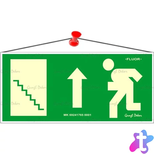 Információs tábla, 25x11,5 cm, fluoreszkáló, utánvilágítós, "Menekülési irány fel, lépcső balra"