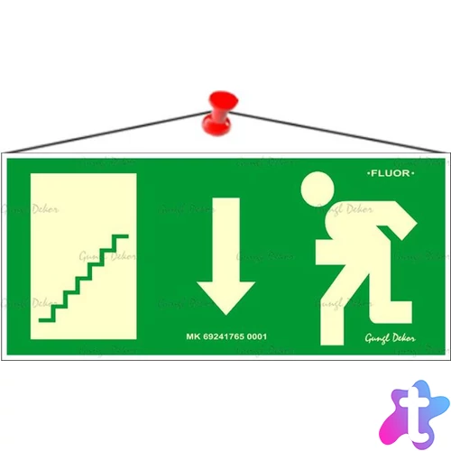 Információs tábla, 25x11,5 cm, fluoreszkáló, utánvilágítós, "Menekülési irány le, lépcső balra"