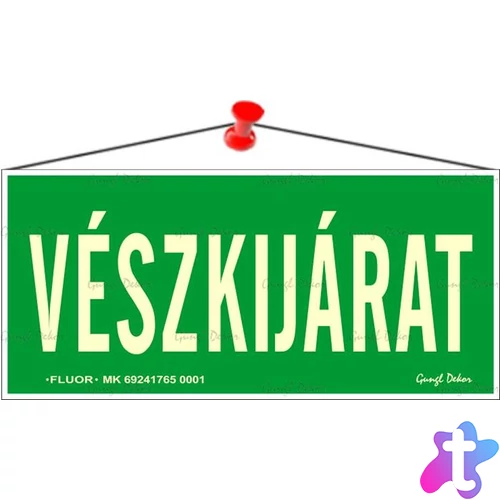 Információs tábla, 25x11,5 cm, fluoreszkáló, utánvilágítós, "Vészkijárat"