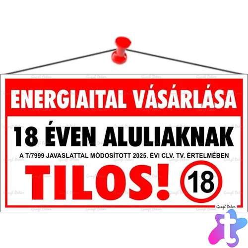 Információs tábla, 22,5x12,5 cm, "Energiaital vásárlása 18 éven aluliaknak tilos!"