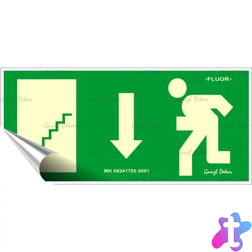 Információs matrica, 25x11,5 cm, fluoreszkáló, utánvilágítós, "Menekülési irány le, lépcső balra"