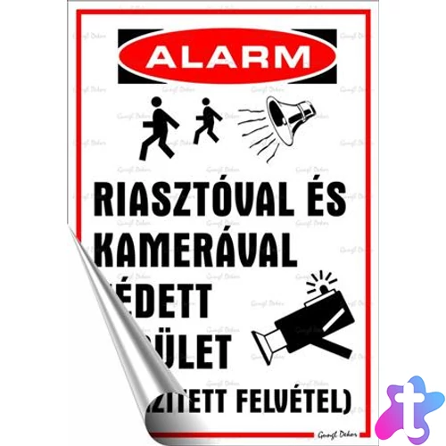 Információs matrica, 25x17,5 cm, "Riasztóval és kamerával védett terület"