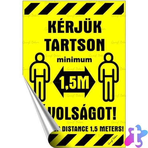 Információs matrica, 11,6x16,6 cm, kétnyelvű, "Kérjük tartson mininum 1,5 m távolságot!"