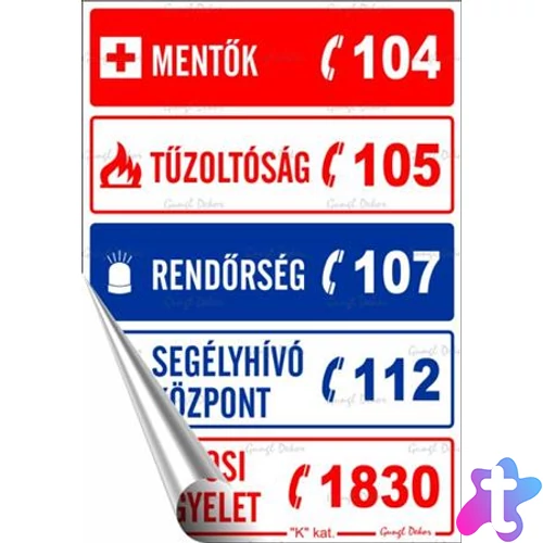 Információs matrica, 11,6x16,6 cm, "Segélyhívószámok"