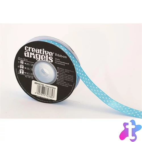 Szatén szalag, 15 mm x 22 m, világos kék fehér pöttyökkel