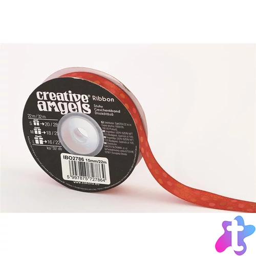 Szatén szalag, 15 mm x 22 m, piros vegyes pöttyökkel