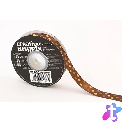 Szatén szalag, 15 mm x 22 m, bronz vegyes pöttyökkel