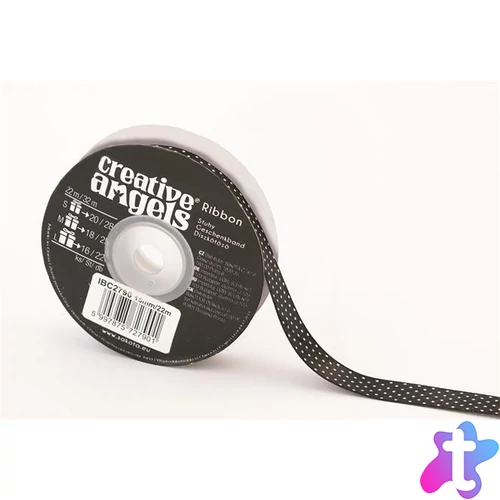 Szatén szalag, 15 mm x 22 m, fekete fehér pöttyökkel