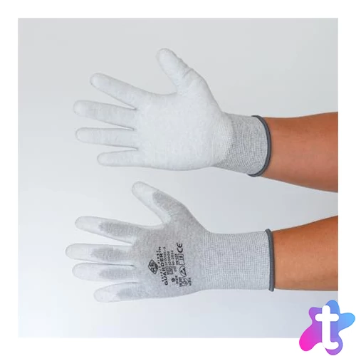 Védőkesztyű, karbonszálas, PU tenyerén mártott, L méret, fehér-szürke