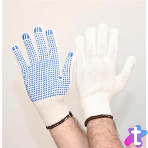 Védőkesztyű, kevertszálas, PVC pöttyözött, XL méret, natúrfehér