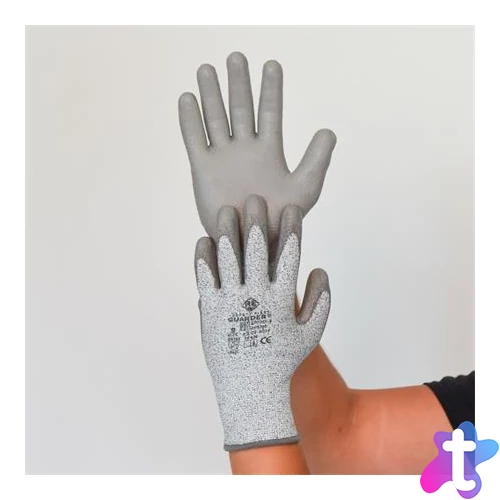 Védőkesztyű, HPPE, tenyerén PU mártott, vágásbiztos, XL méret, szürke
