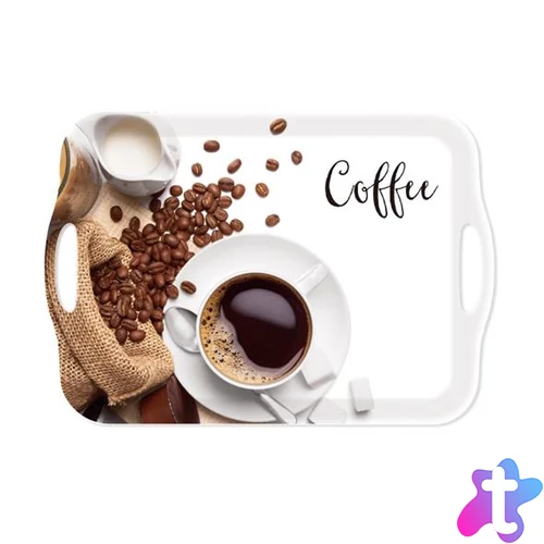 Tálca, szögletes, műanyag, füllel, kávé mintás, 41,5x28,5 cm