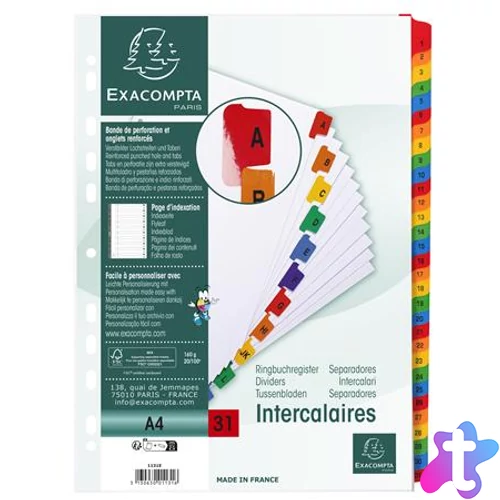 Regiszter, karton, A4, 1-31, EXACOMPTA, fehér
