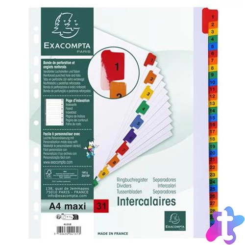 Regiszter, karton, A4+, 1-31, EXACOMPTA, fehér