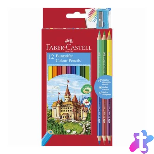 Színes ceruza készlet, hatszögletű, FABER-CASTELL, 12 különböző szín + 3 db bicolor ceruza