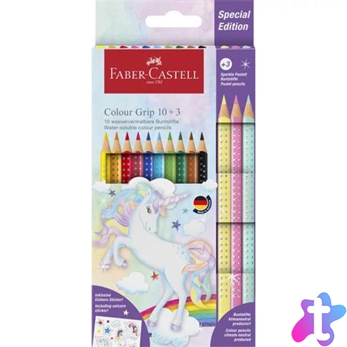 Színes ceruza készlet, háromszögletű, FABER-CASTELL "Grip", 13 különböző szín, unikornis